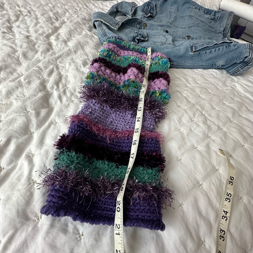 One of a Kind Upcycled  Denim Jacket with Hand Crocheted Sleeves - Picture 8 of 8